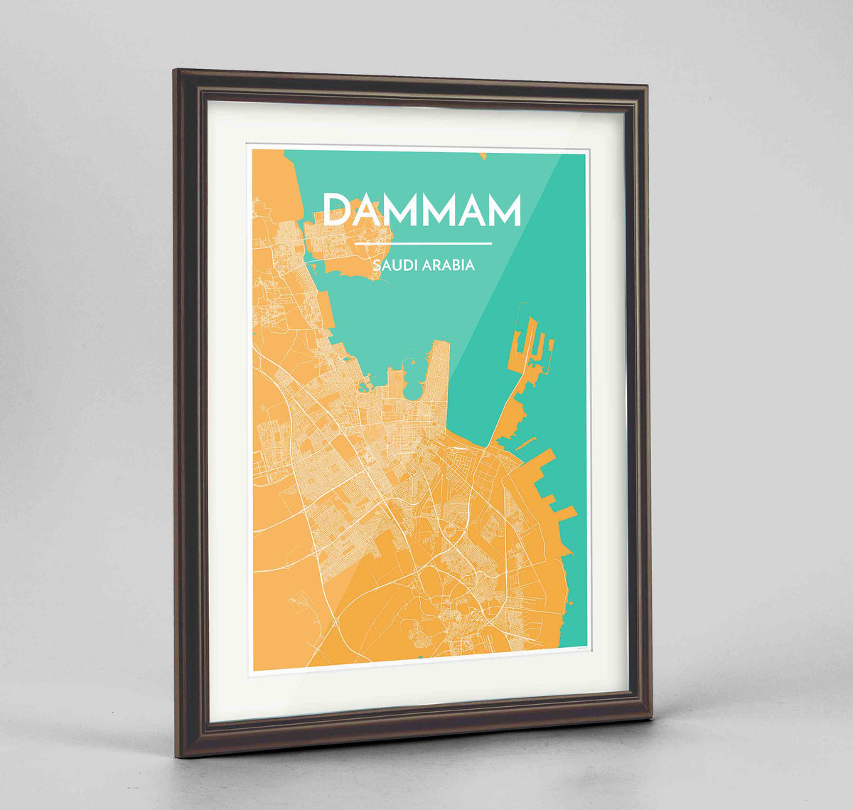 Framed Dammam Map Art Print 24x36&quot; Traditional Walnut frame Point Two Design Group