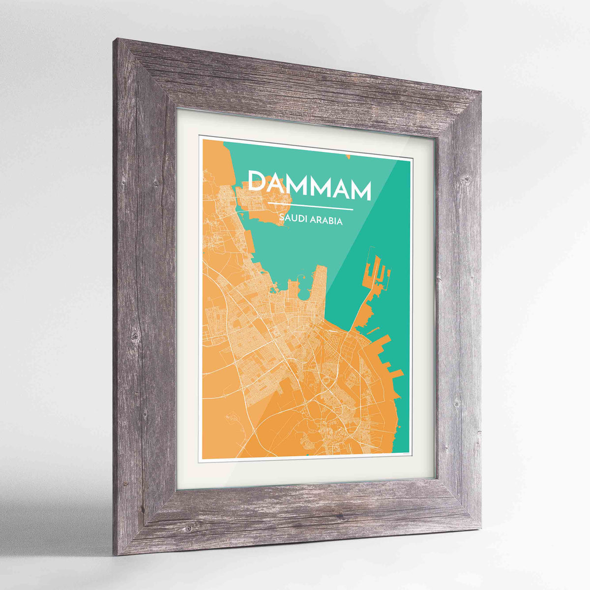 Framed Dammam Map Art Print 24x36&quot; Western Grey frame Point Two Design Group