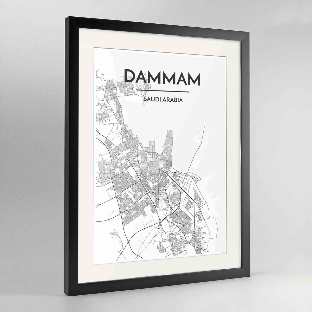 Framed Dammam Map Art Print 24x36&quot; Contemporary Black frame Point Two Design Group