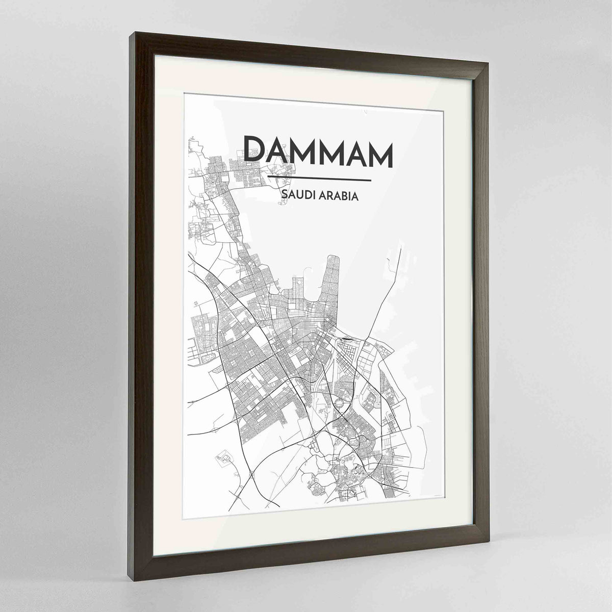 Framed Dammam Map Art Print 24x36&quot; Contemporary Walnut frame Point Two Design Group