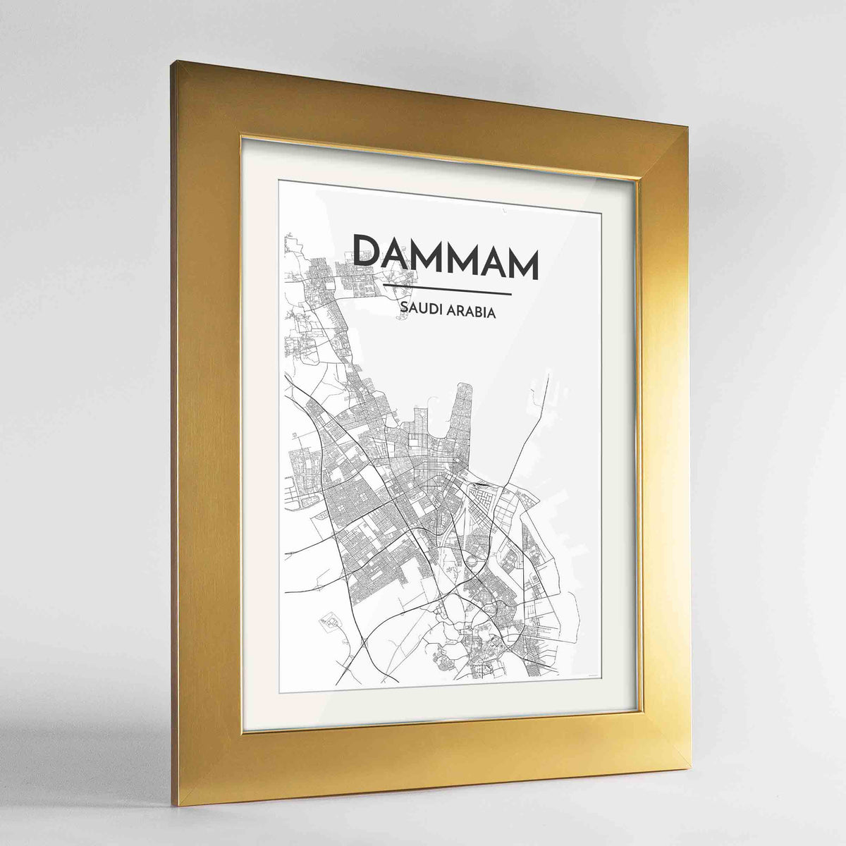 Framed Dammam Map Art Print 24x36&quot; Gold frame Point Two Design Group