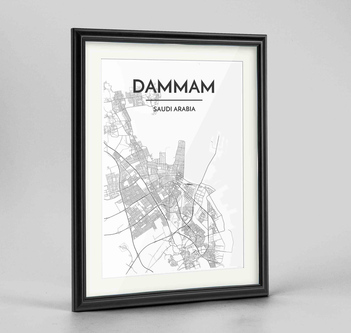 Framed Dammam Map Art Print 24x36&quot; Traditional Black frame Point Two Design Group