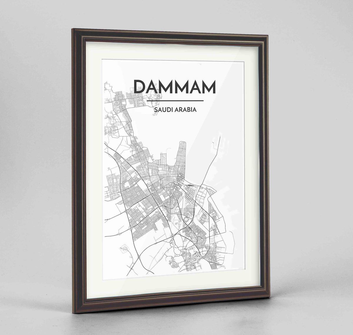 Framed Dammam Map Art Print 24x36&quot; Traditional Walnut frame Point Two Design Group