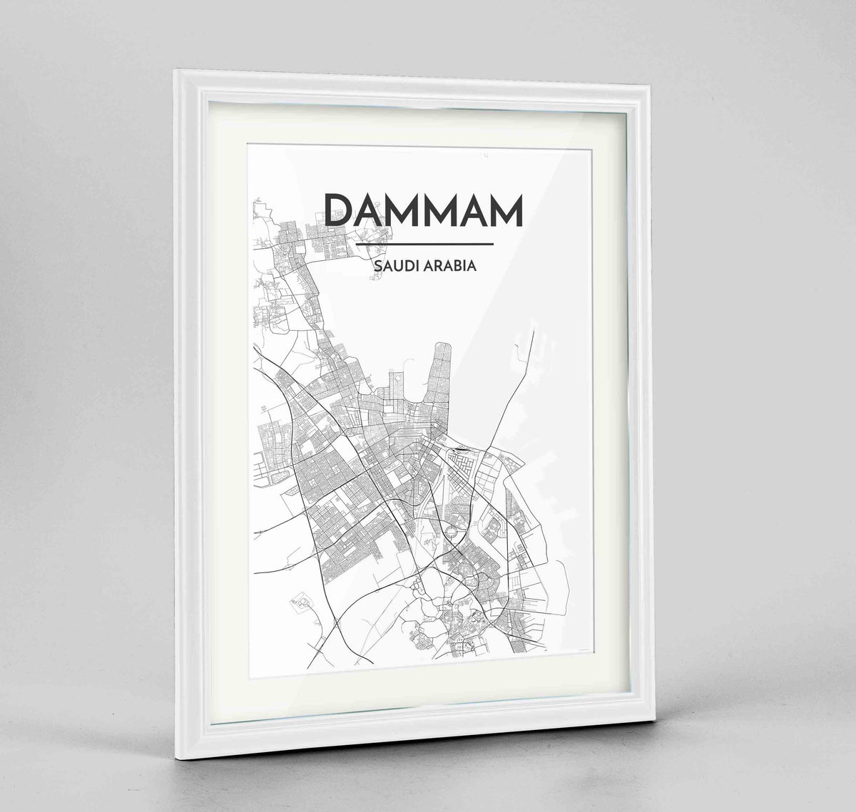 Framed Dammam Map Art Print 24x36&quot; Traditional White frame Point Two Design Group