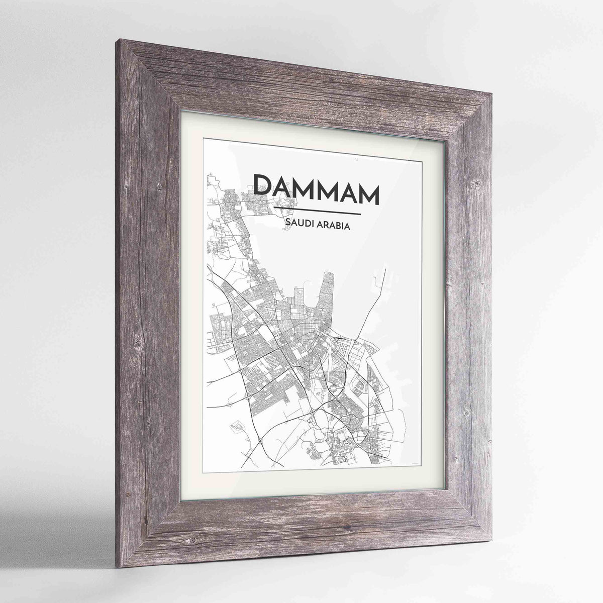 Framed Dammam Map Art Print 24x36&quot; Western Grey frame Point Two Design Group