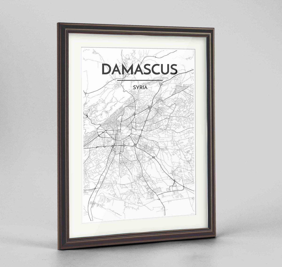 Framed Damascus Map Art Print 24x36&quot; Traditional Walnut frame Point Two Design Group
