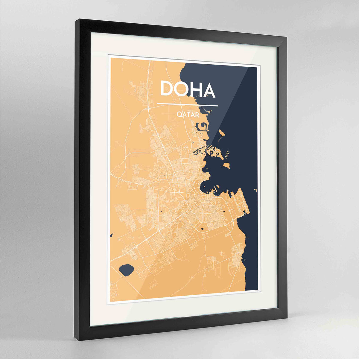Framed Doha Map Art Print 24x36&quot; Contemporary Black frame Point Two Design Group