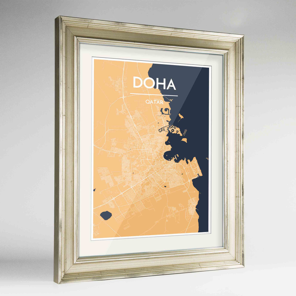 Framed Doha Map Art Print 24x36&quot; Champagne frame Point Two Design Group