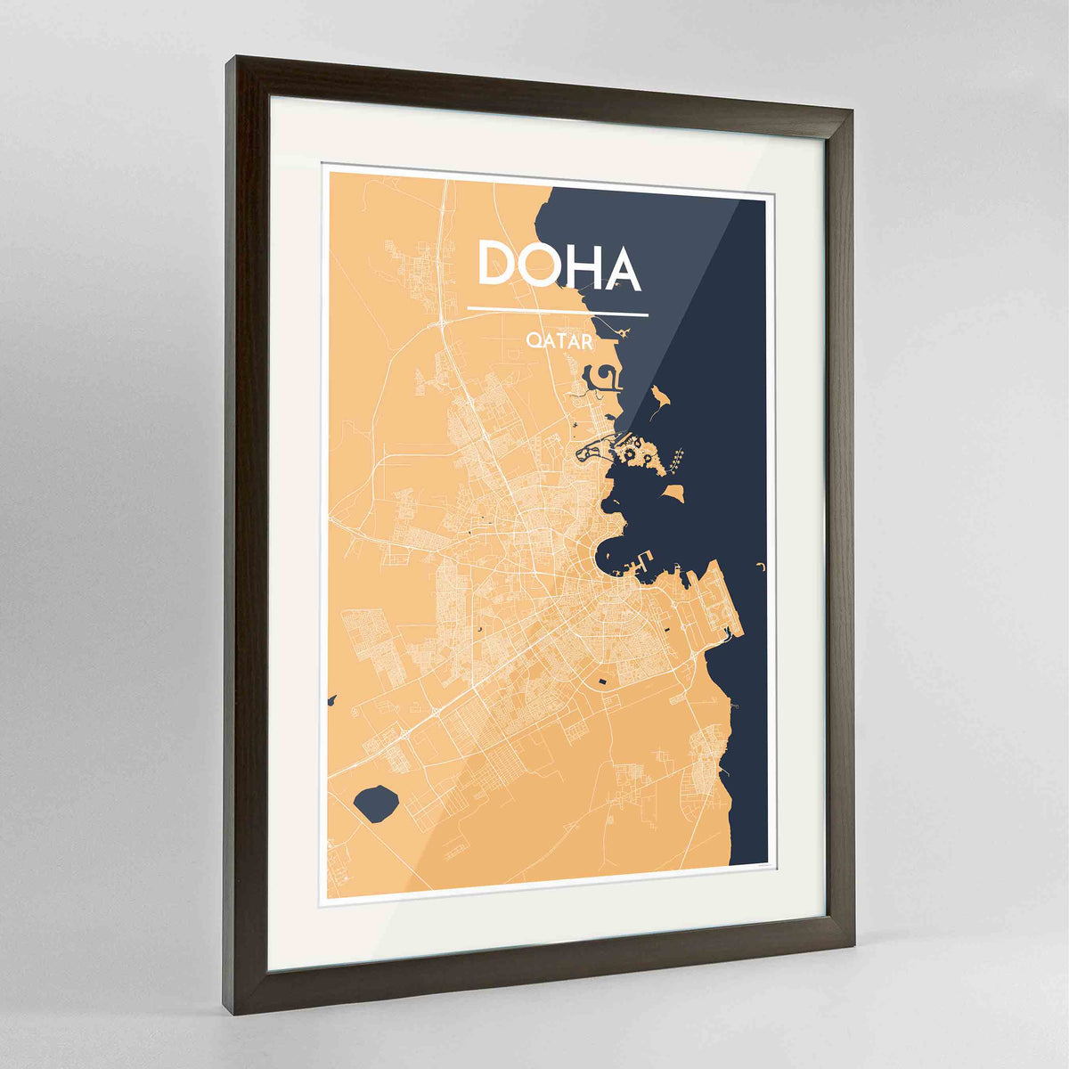 Framed Doha Map Art Print 24x36&quot; Contemporary Walnut frame Point Two Design Group
