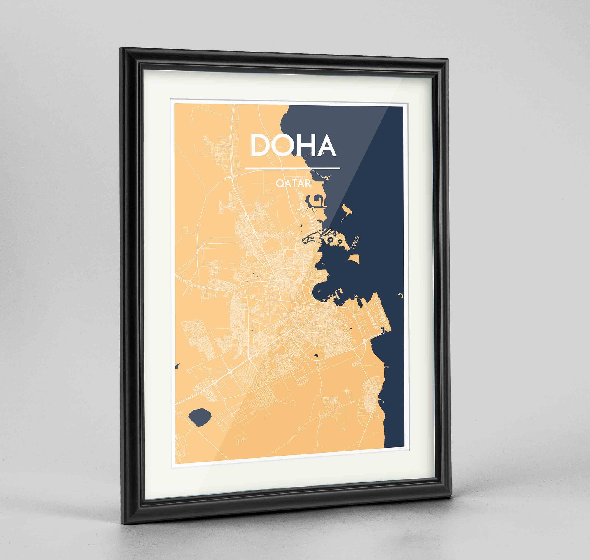 Framed Doha Map Art Print 24x36" Traditional Black frame Point Two Design Group