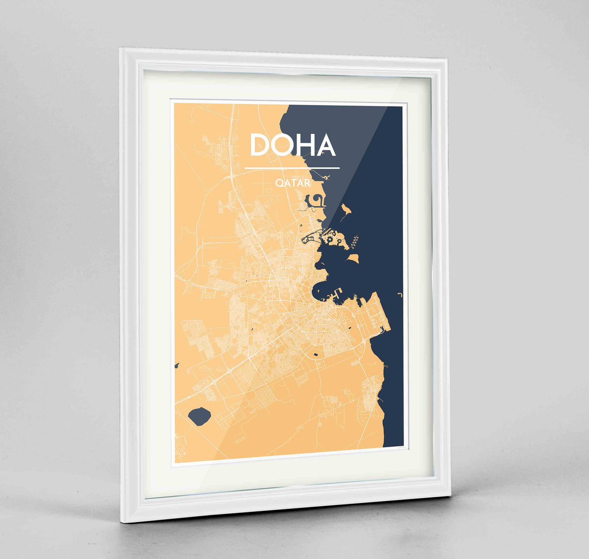 Framed Doha Map Art Print 24x36&quot; Traditional White frame Point Two Design Group