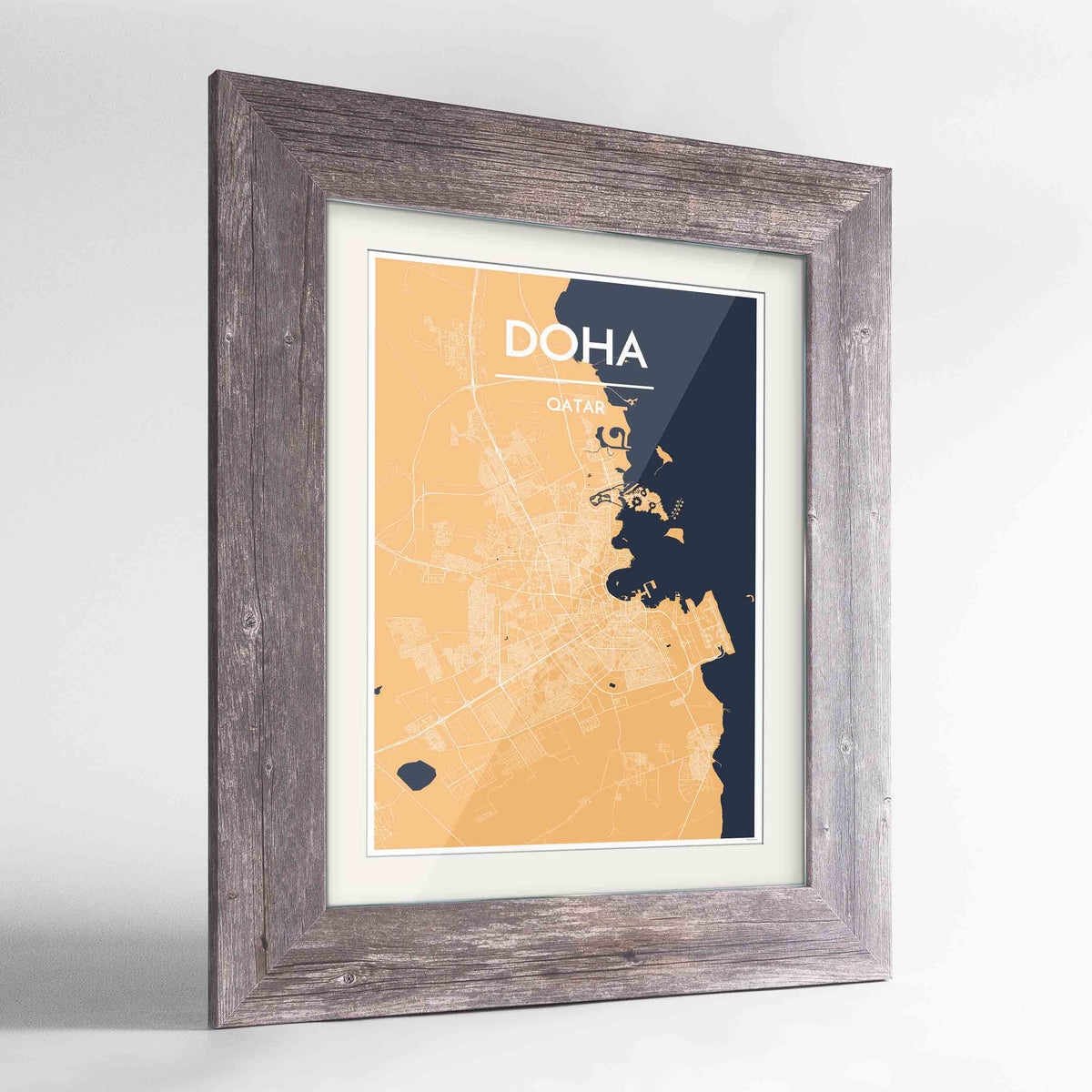 Framed Doha Map Art Print 24x36&quot; Western Grey frame Point Two Design Group