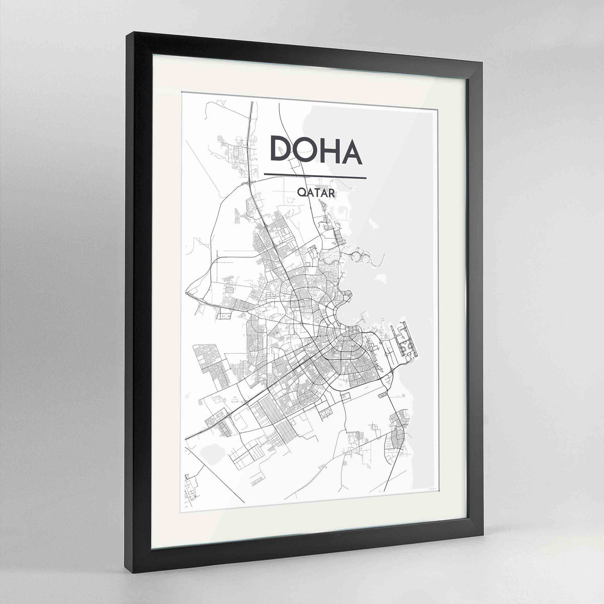 Framed Doha Map Art Print 24x36&quot; Contemporary Black frame Point Two Design Group