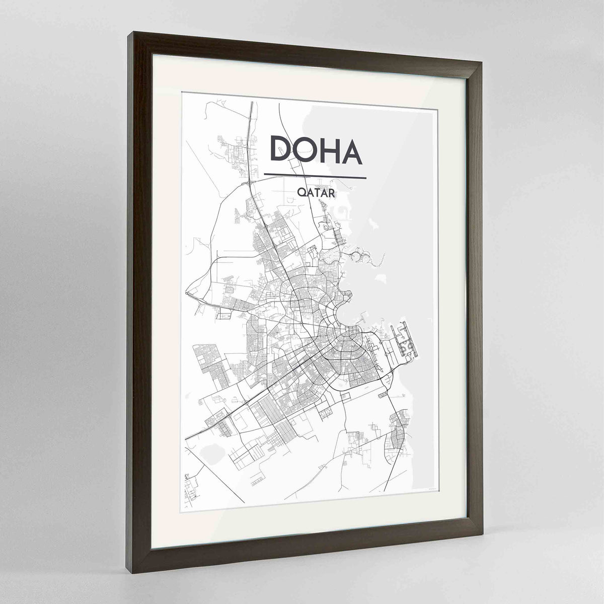 Framed Doha Map Art Print 24x36&quot; Contemporary Walnut frame Point Two Design Group