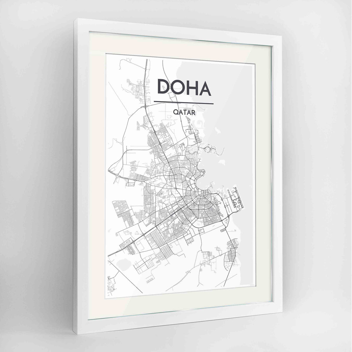 Framed Doha Map Art Print 24x36&quot; Contemporary White frame Point Two Design Group