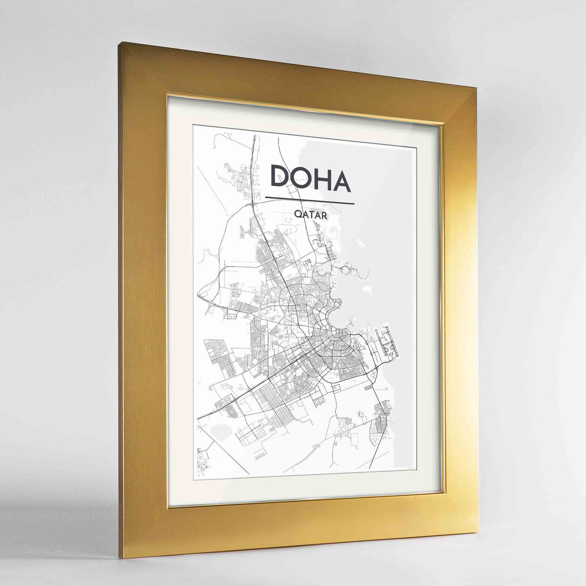 Framed Doha Map Art Print 24x36&quot; Gold frame Point Two Design Group