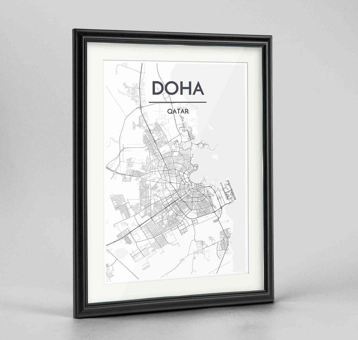 Framed Doha Map Art Print 24x36&quot; Traditional Black frame Point Two Design Group