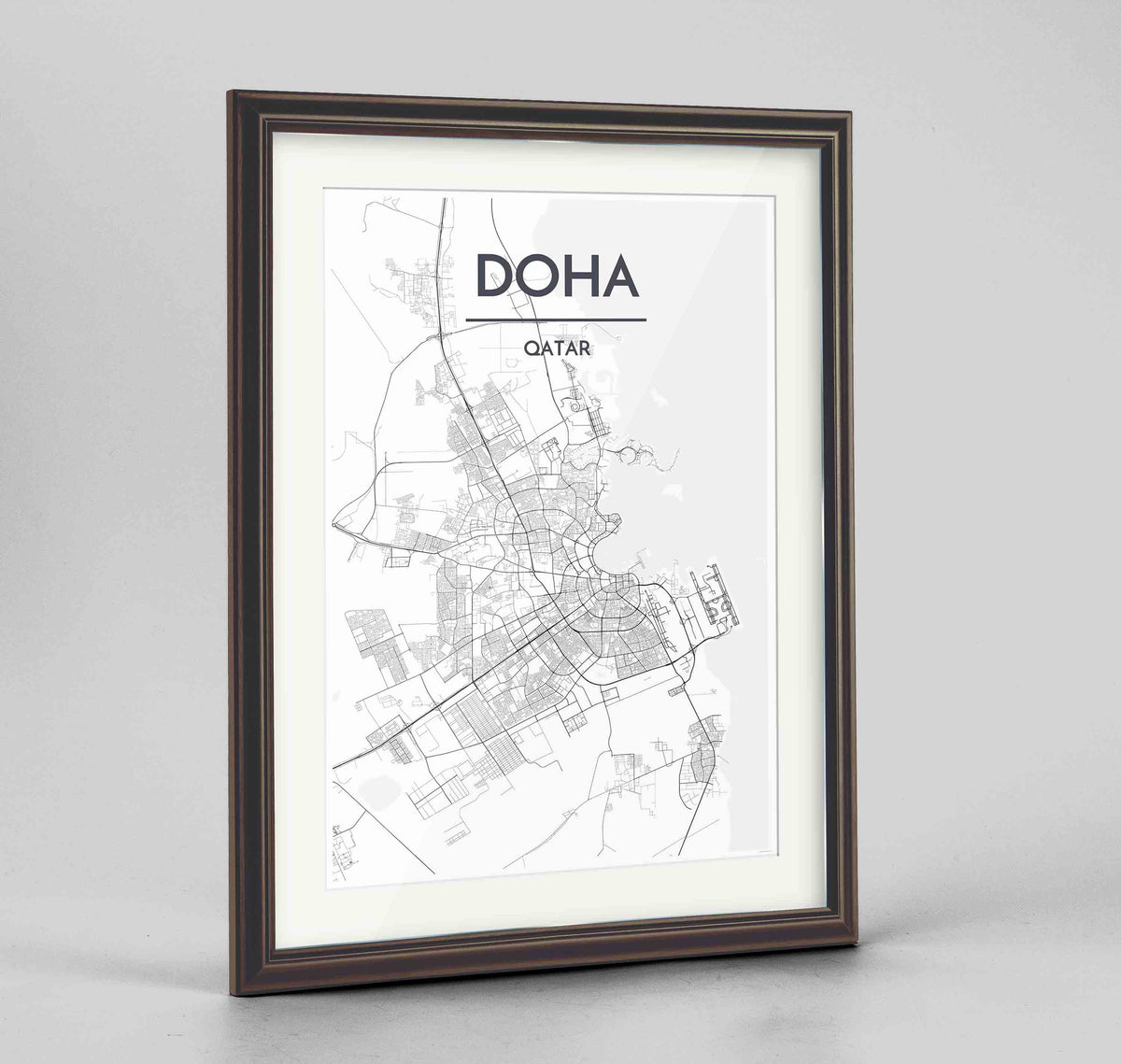 Framed Doha Map Art Print 24x36&quot; Traditional Walnut frame Point Two Design Group