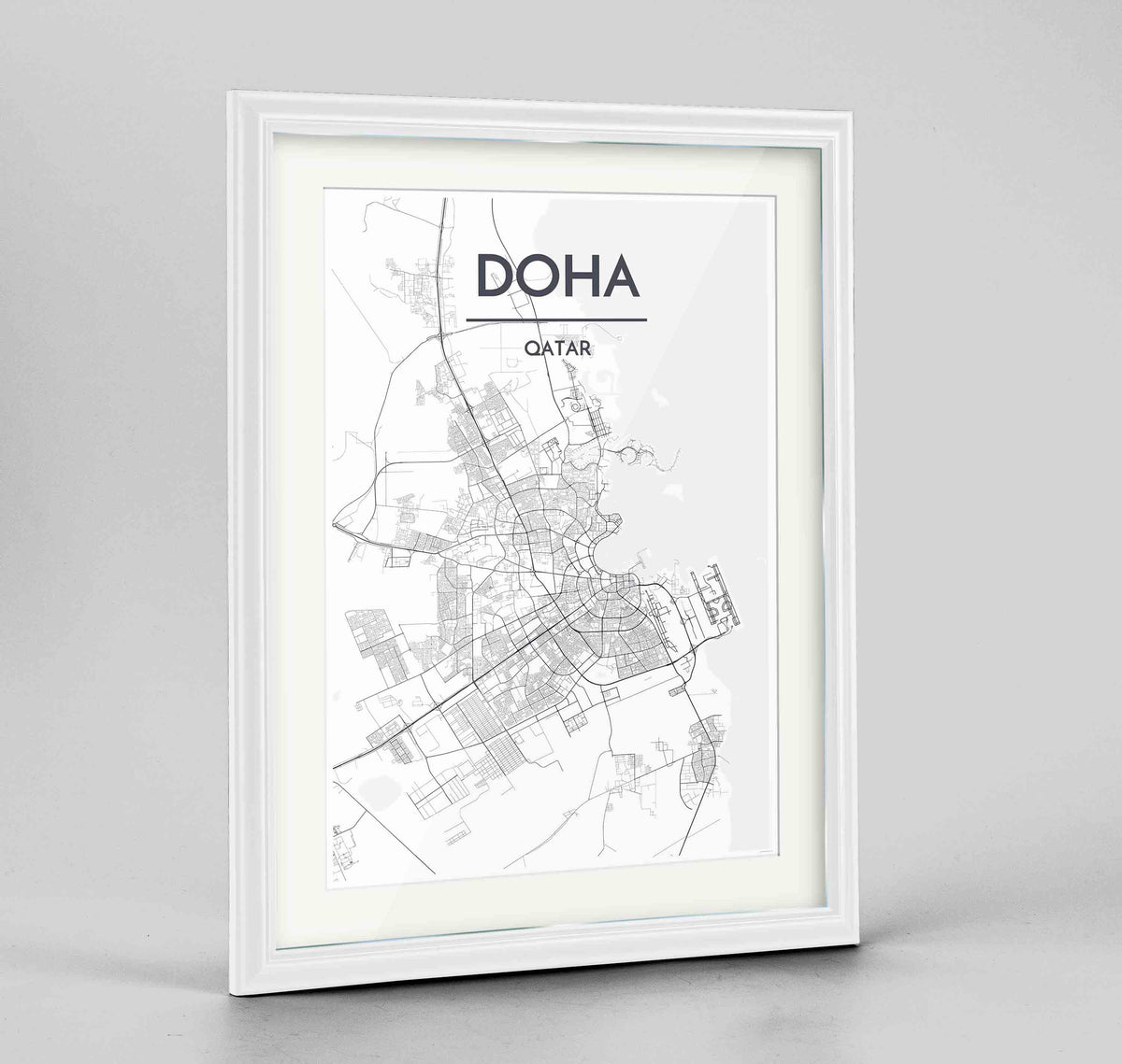 Framed Doha Map Art Print 24x36&quot; Traditional White frame Point Two Design Group