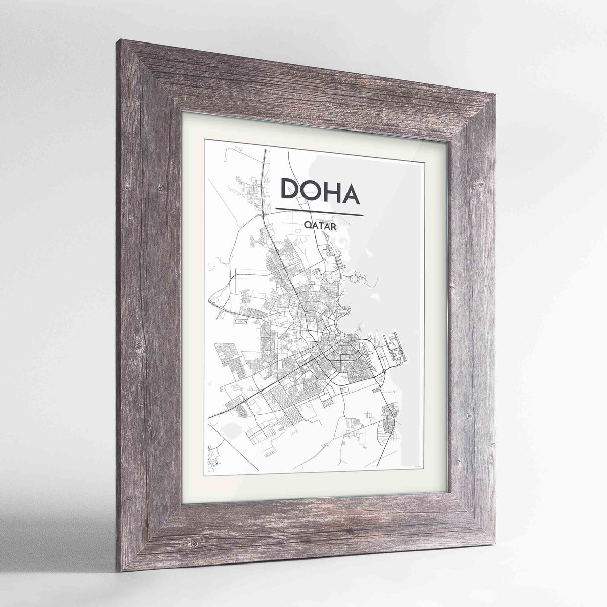 Framed Doha Map Art Print 24x36&quot; Western Grey frame Point Two Design Group