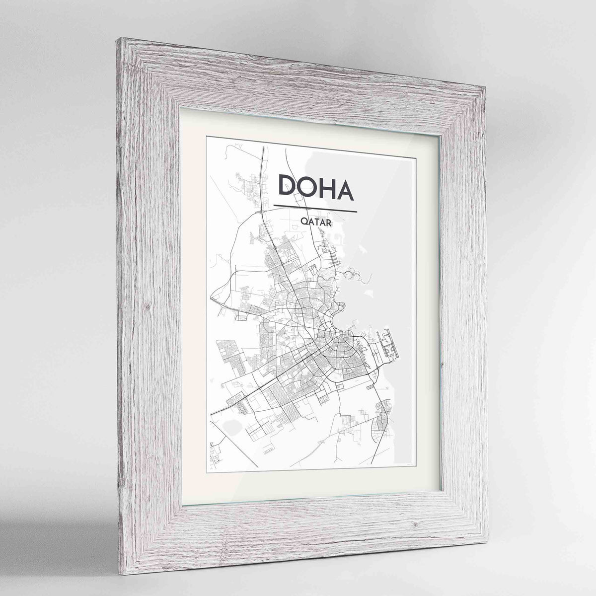 Framed Doha Map Art Print 24x36&quot; Western White frame Point Two Design Group