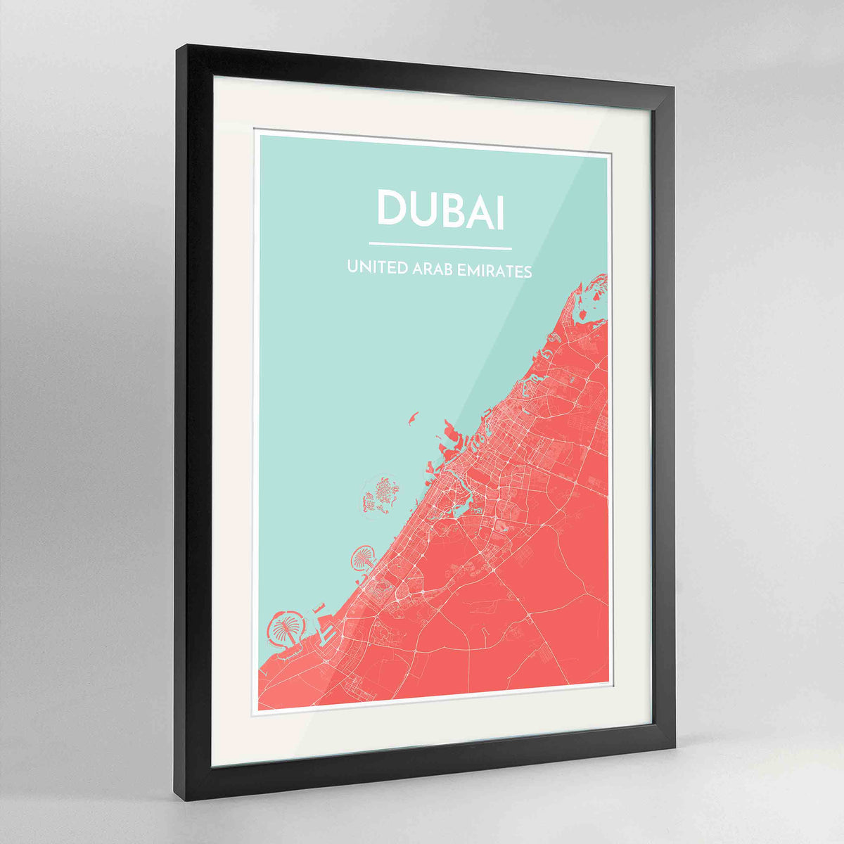 Framed Dubai Map Art Print 24x36&quot; Contemporary Black frame Point Two Design Group