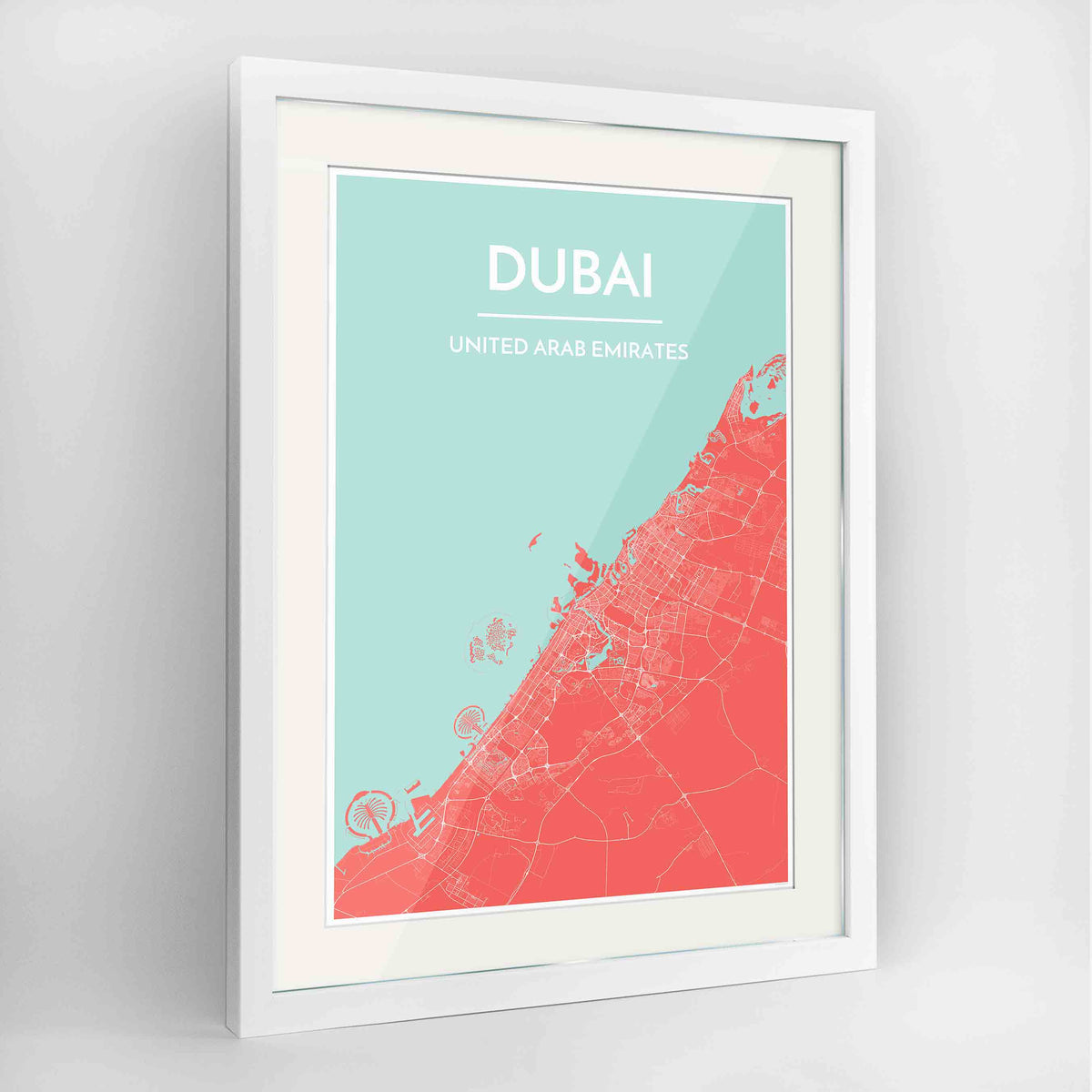 Framed Dubai Map Art Print 24x36&quot; Contemporary White frame Point Two Design Group
