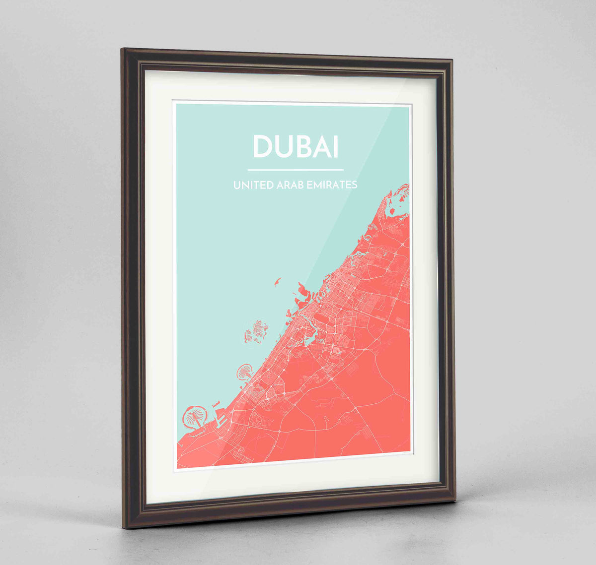 Framed Dubai Map Art Print 24x36&quot; Traditional Walnut frame Point Two Design Group