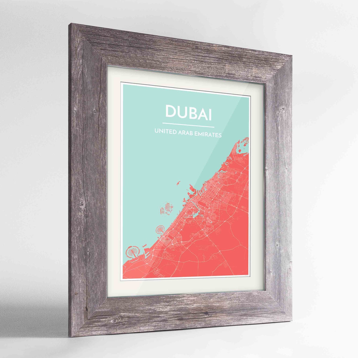 Framed Dubai Map Art Print 24x36&quot; Western Grey frame Point Two Design Group