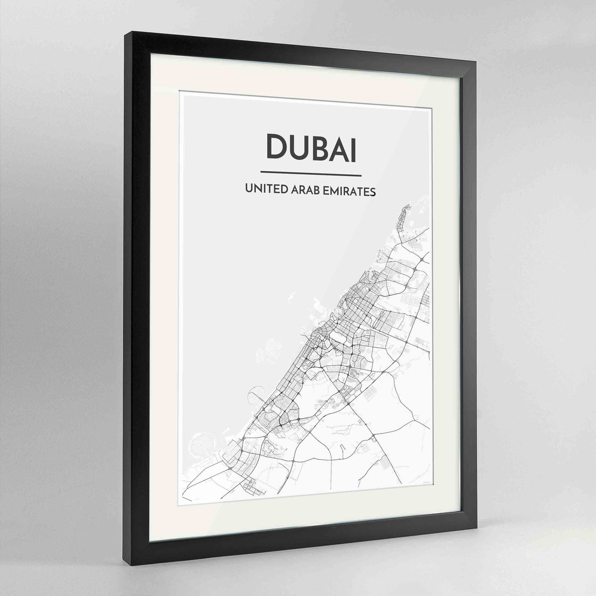 Framed Dubai Map Art Print 24x36&quot; Contemporary Black frame Point Two Design Group