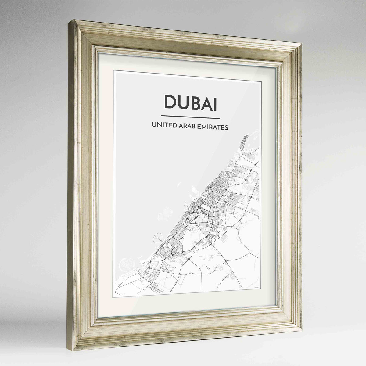 Framed Dubai Map Art Print 24x36&quot; Champagne frame Point Two Design Group