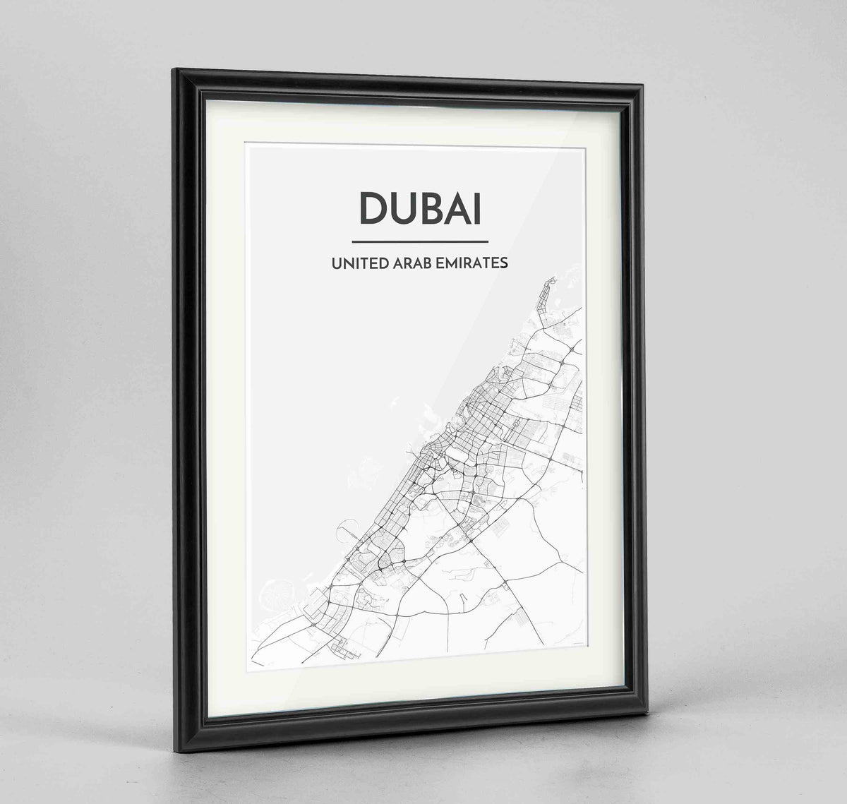 Framed Dubai Map Art Print 24x36&quot; Traditional Black frame Point Two Design Group