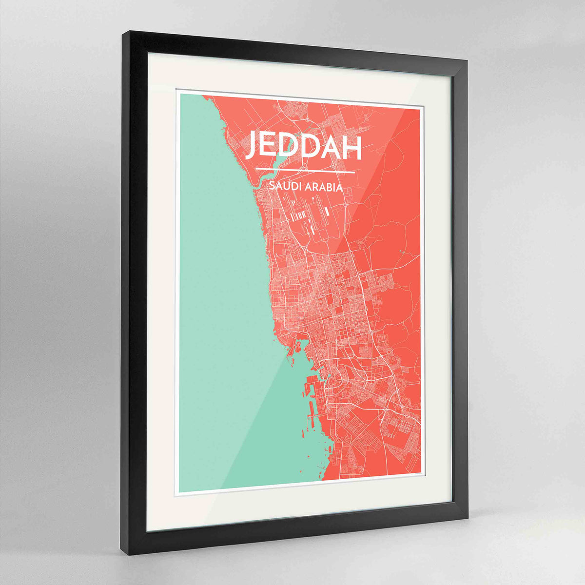 Framed Jeddah Map Art Print 24x36&quot; Contemporary Black frame Point Two Design Group