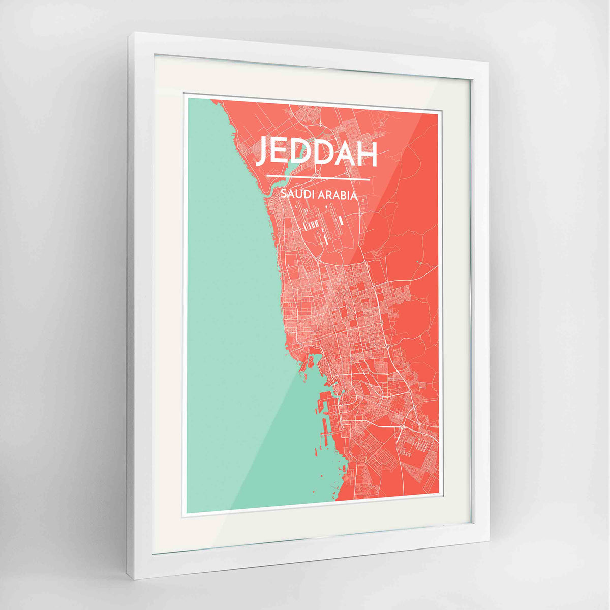Framed Jeddah Map Art Print 24x36&quot; Contemporary White frame Point Two Design Group