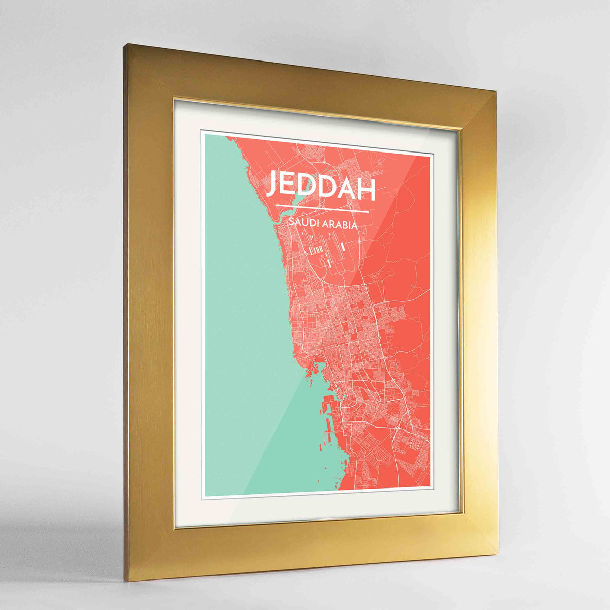 Framed Jeddah Map Art Print 24x36&quot; Gold frame Point Two Design Group