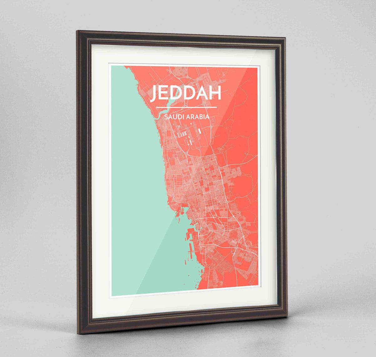 Framed Jeddah Map Art Print 24x36&quot; Traditional Walnut frame Point Two Design Group