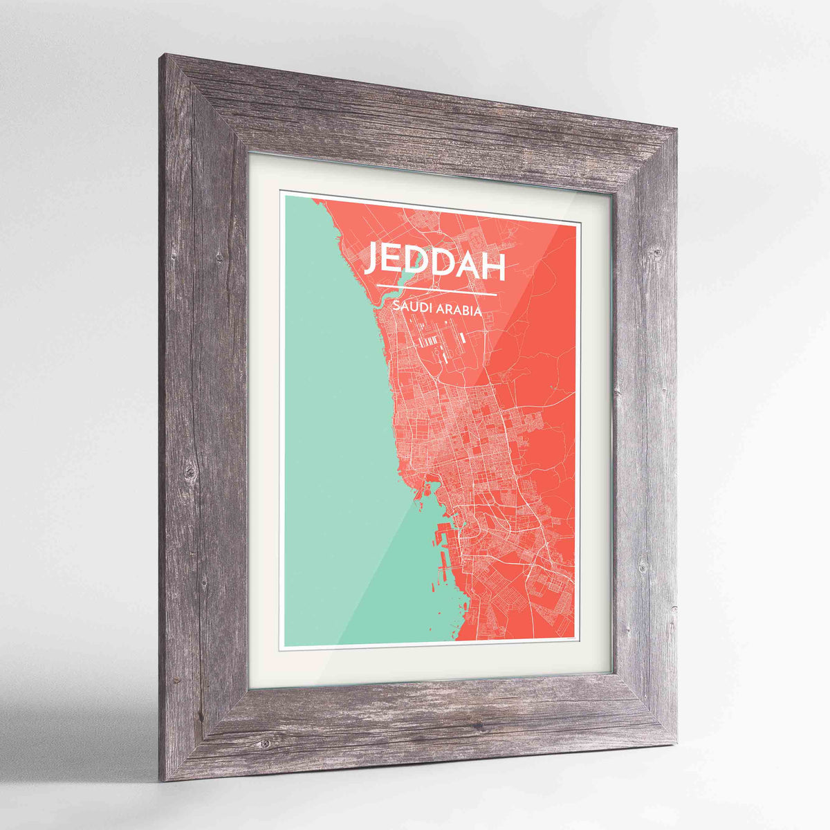 Framed Jeddah Map Art Print 24x36&quot; Western Grey frame Point Two Design Group