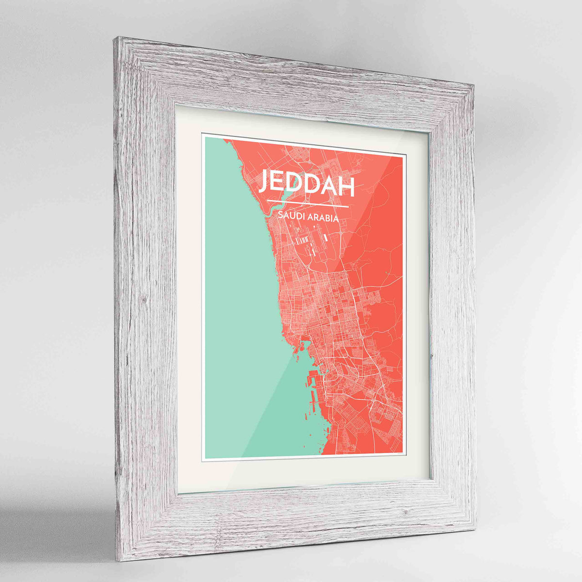 Framed Jeddah Map Art Print 24x36&quot; Western White frame Point Two Design Group