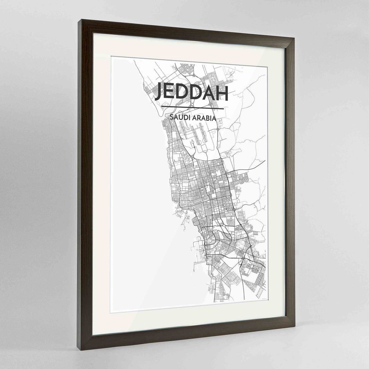 Framed Jeddah Map Art Print 24x36&quot; Contemporary Walnut frame Point Two Design Group
