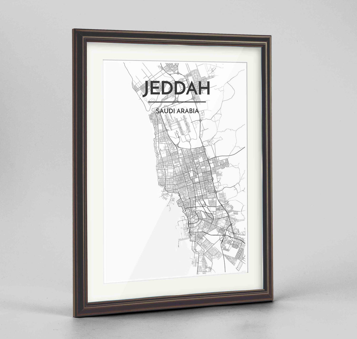 Framed Jeddah Map Art Print 24x36&quot; Traditional Walnut frame Point Two Design Group