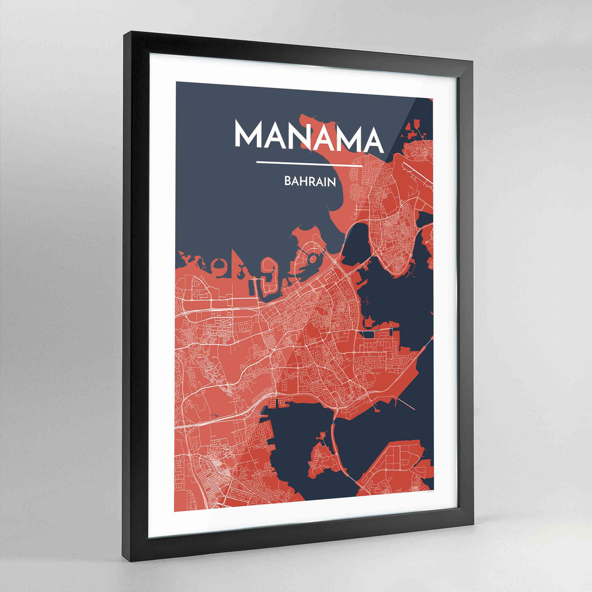 Framed Manama City Map Art Print - Point Two Design