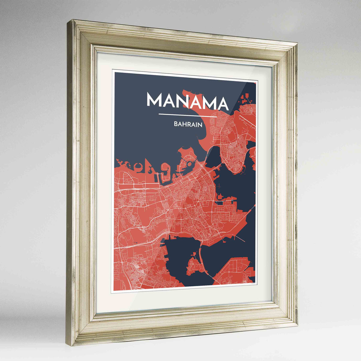 Framed Manama Map Art Print 24x36&quot; Champagne frame Point Two Design Group
