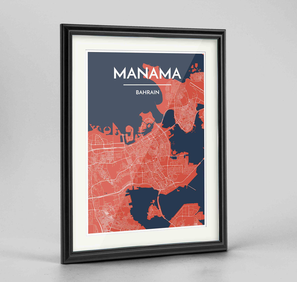 Framed Manama Map Art Print 24x36&quot; Traditional Black frame Point Two Design Group