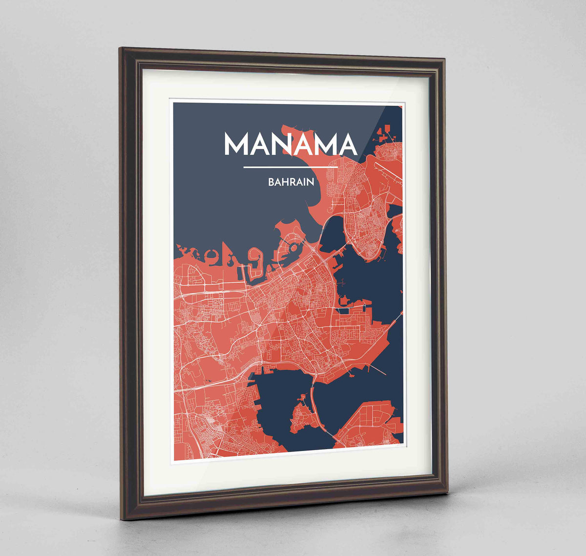 Framed Manama Map Art Print 24x36&quot; Traditional Walnut frame Point Two Design Group