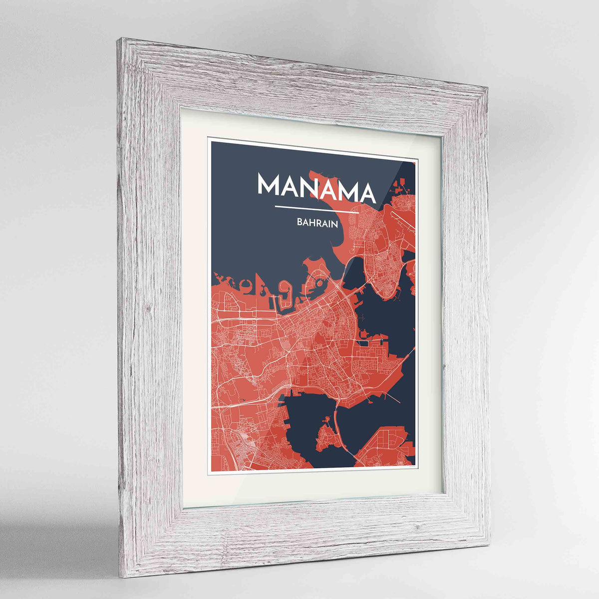 Framed Manama Map Art Print 24x36&quot; Western White frame Point Two Design Group