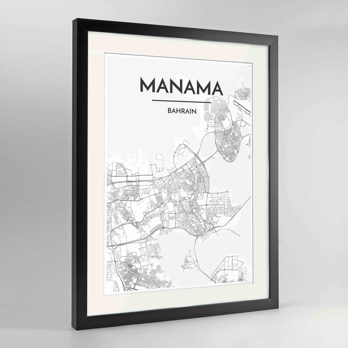 Framed Manama Map Art Print 24x36&quot; Contemporary Black frame Point Two Design Group