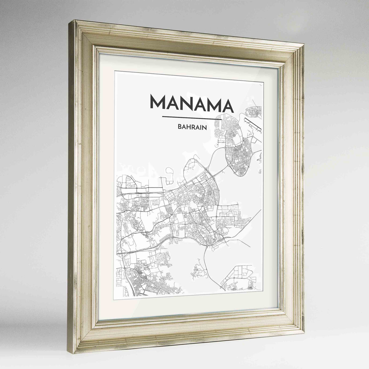 Framed Manama Map Art Print 24x36&quot; Champagne frame Point Two Design Group