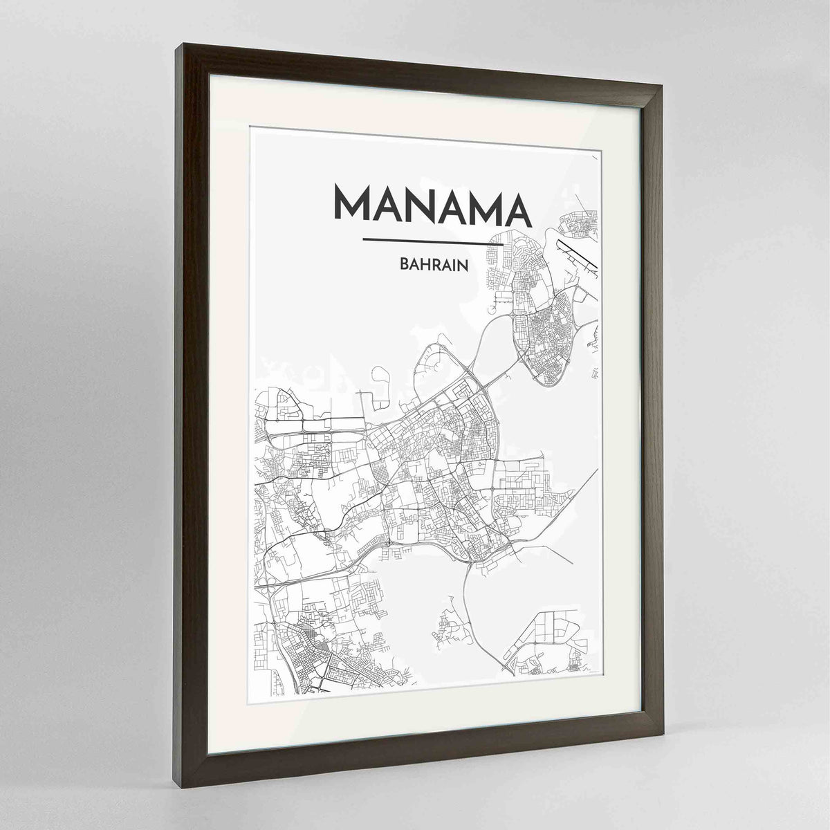 Framed Manama Map Art Print 24x36&quot; Contemporary Walnut frame Point Two Design Group
