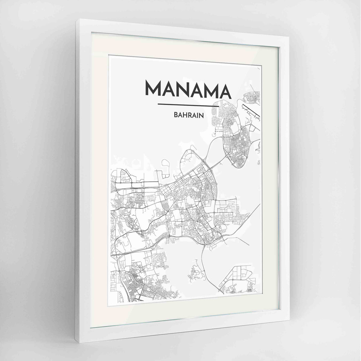 Framed Manama Map Art Print 24x36&quot; Contemporary White frame Point Two Design Group