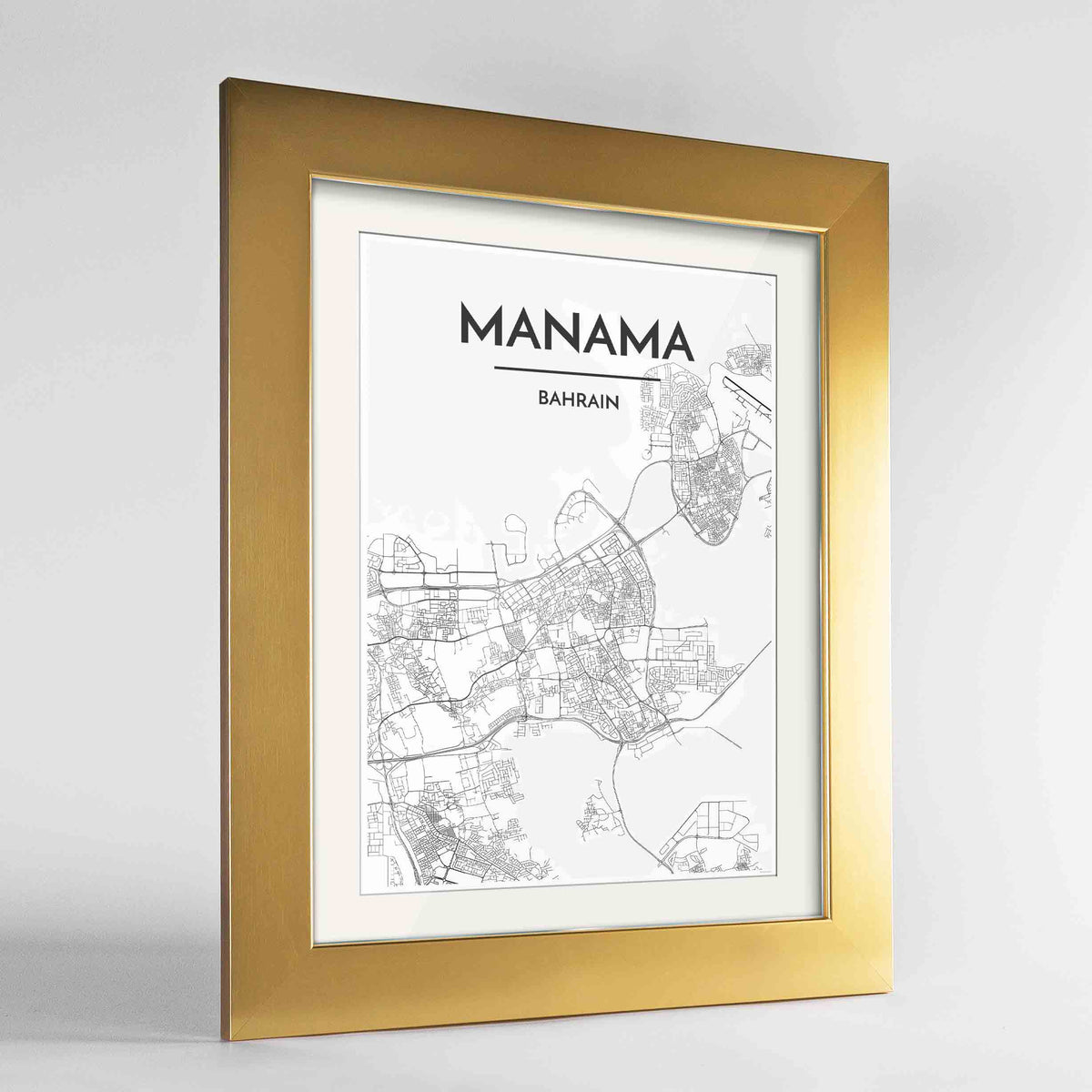 Framed Manama Map Art Print 24x36&quot; Gold frame Point Two Design Group